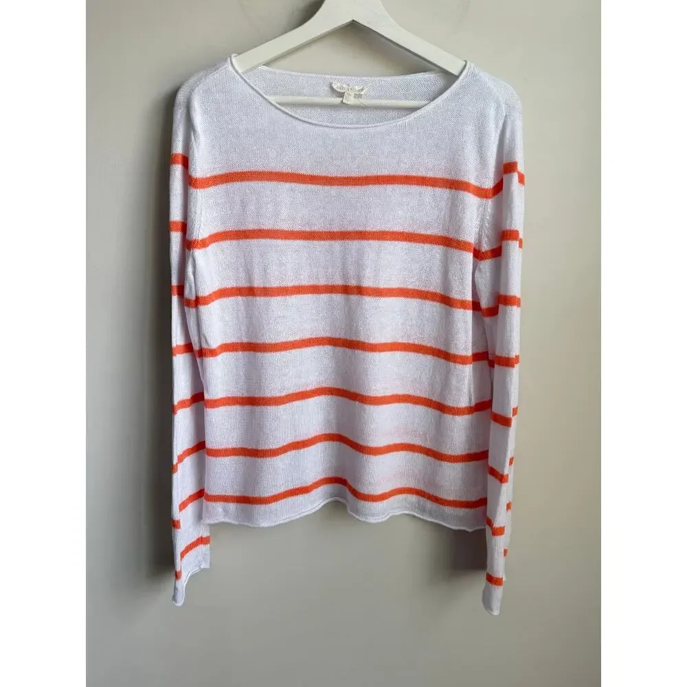 Eileen Fisher 100% Linen Striped Long Sleeve Pullover Sweater White Orange Small